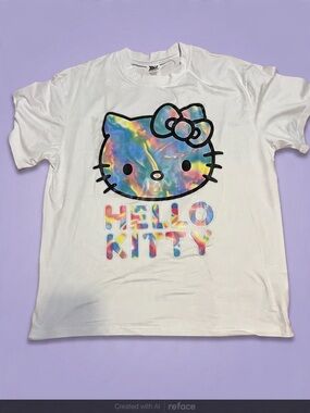 Hello Kitty White Tee with Rainbow Tie-Dye Face Graphic